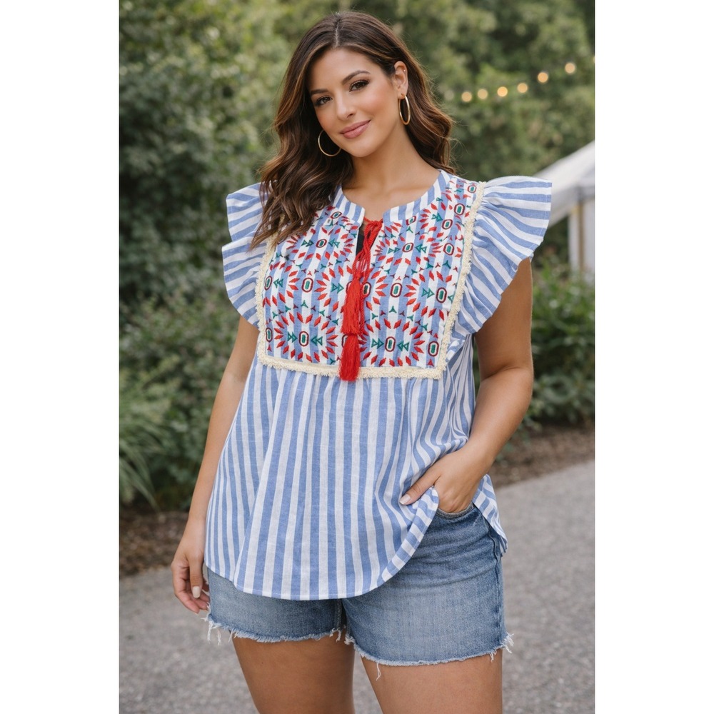 Honey &‎ Co Embroidered Tassel Stripe Flutter Sleeve Top Womens L Blue White